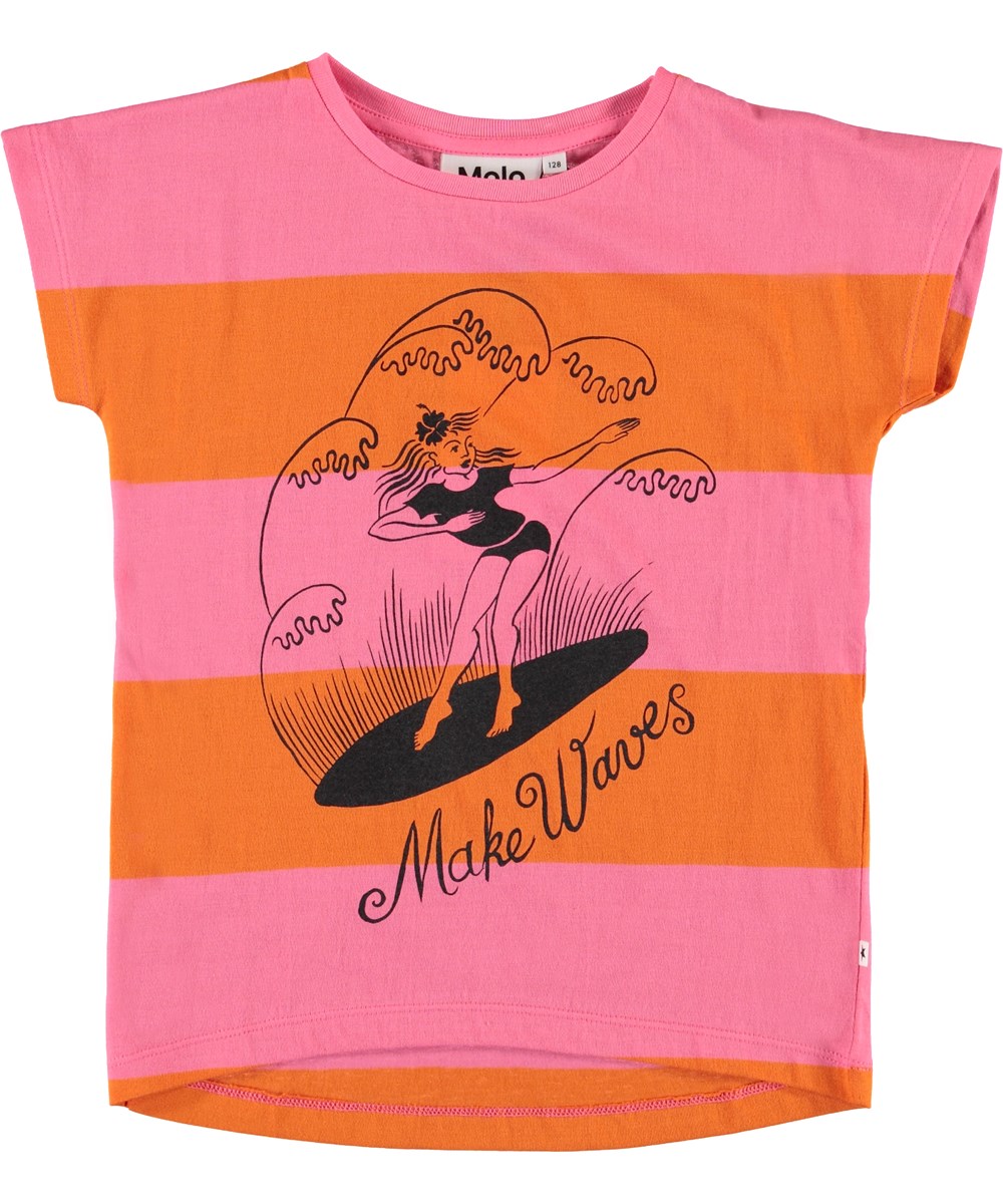 Ragnhilde - Lemonade Stripe - Stribet t-shirt i pink og orange med surfer 