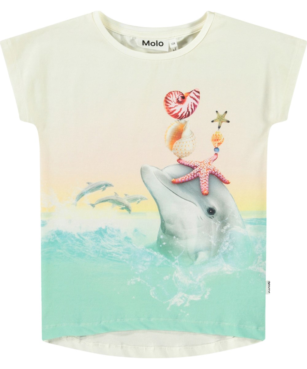 Ragnhilde - Wave Jumping - Råhvid t-shirt med print til børni blødt økologisk bomuld med rund hals og små ærmer.