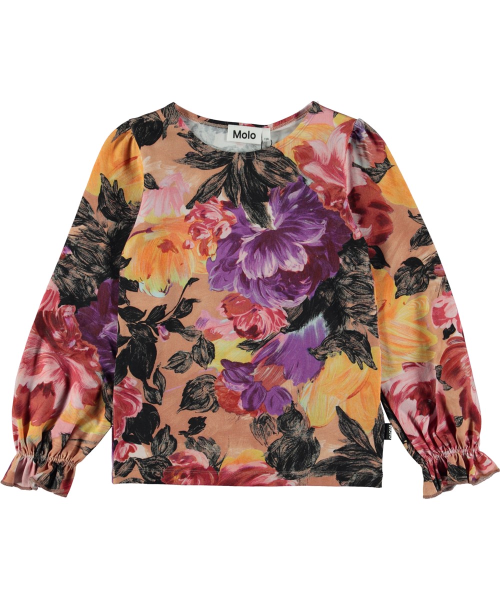 Raina - Artist Flowers - Rosa økologisk bluse med allover blomsterprint med flæsedetalje