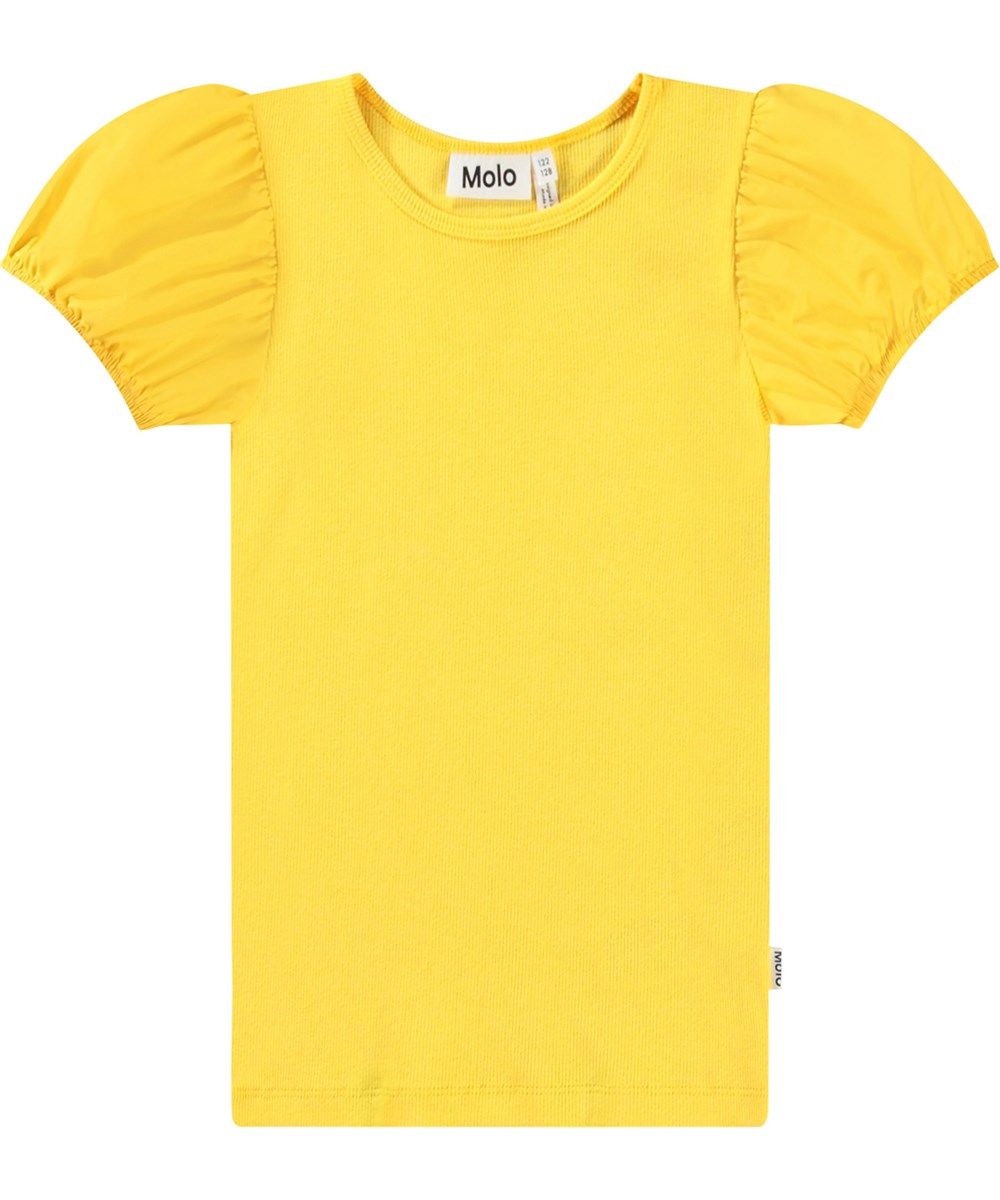 Raluca - Mimosa - Gul tætsiddende t-shirt til børn i blødt økologisk bomulds rib med rund hals og pufærme
