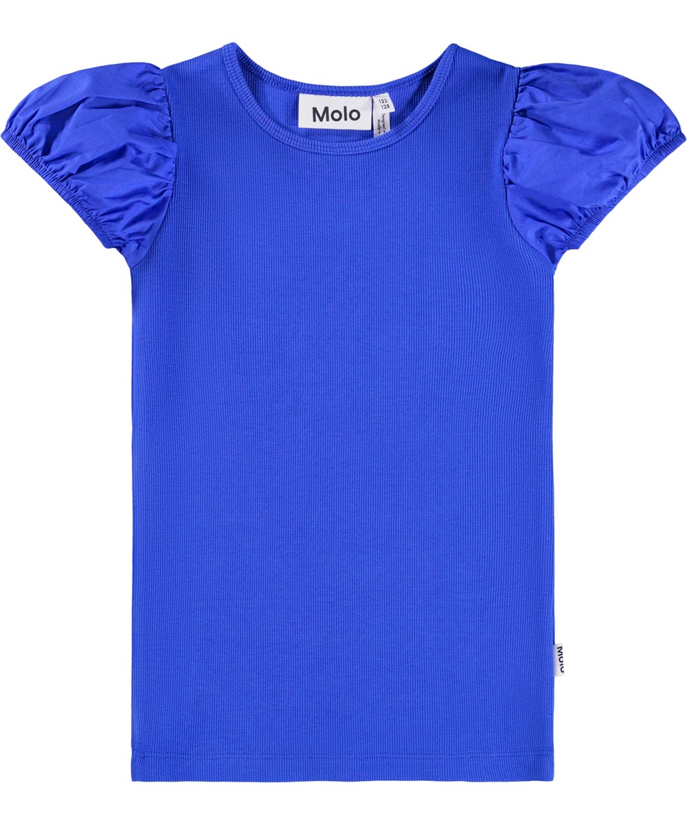 Raluca - Violet Blue - Blå tætsiddende t-shirt til børn i blødt økologisk bomulds rib med rund hals og pufærmer.