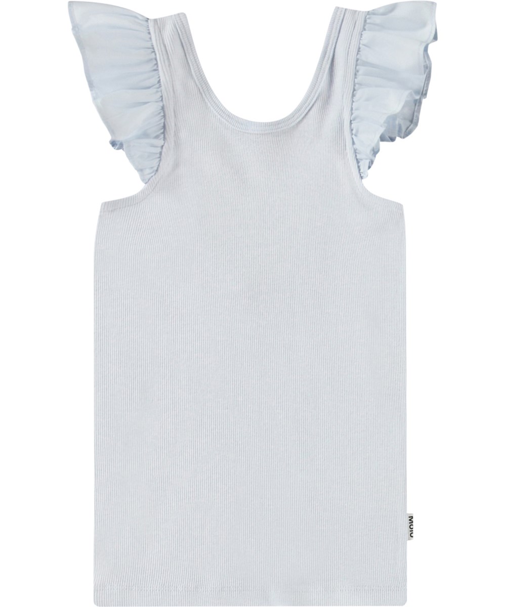 Ranja - Skywriting - Lyseblå tanktop til børn i blødt økologisk bomuld med flæseærmer.