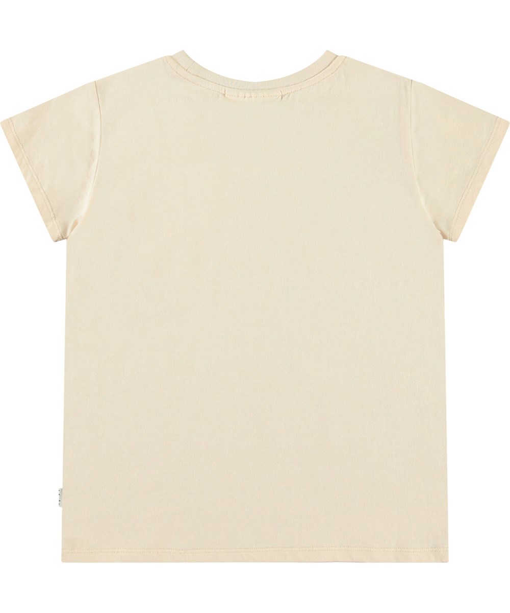 Ranva - Brazilian Sand - Beige kortærmet t-shirt med pallietbroderi til børn i økologisk bomuld med rund hals.