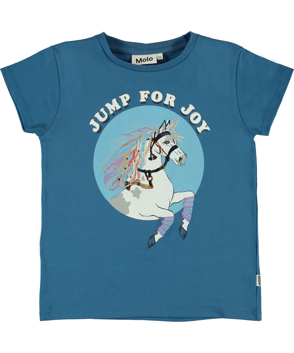Ranva - Jump For Joy - Økologisk blå t-shirt med hest