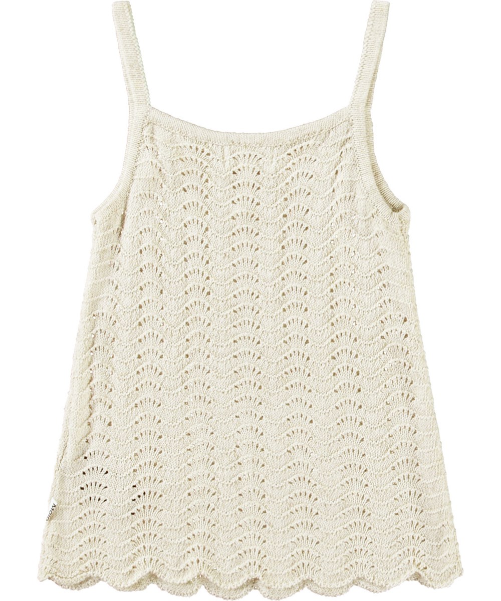 Rasa - Sand Melange - Løs beige top med hæklet mønster, smalle stropper og en fin bøljet hæklet kant i bunden.