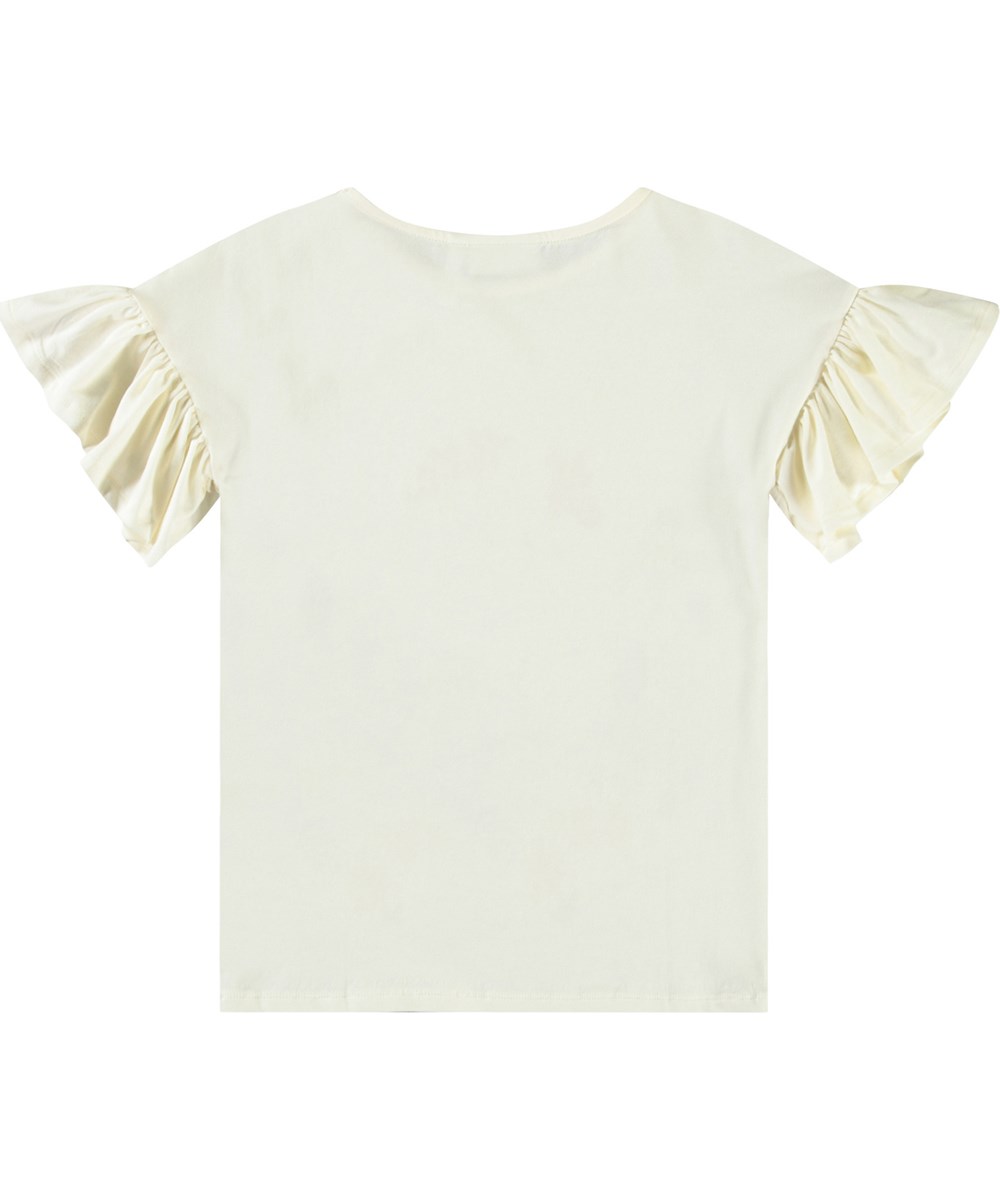 Rayah - Two Birds - Hvid økologisk bomulds t-shirt til børn med rund hals og flæseærmer.