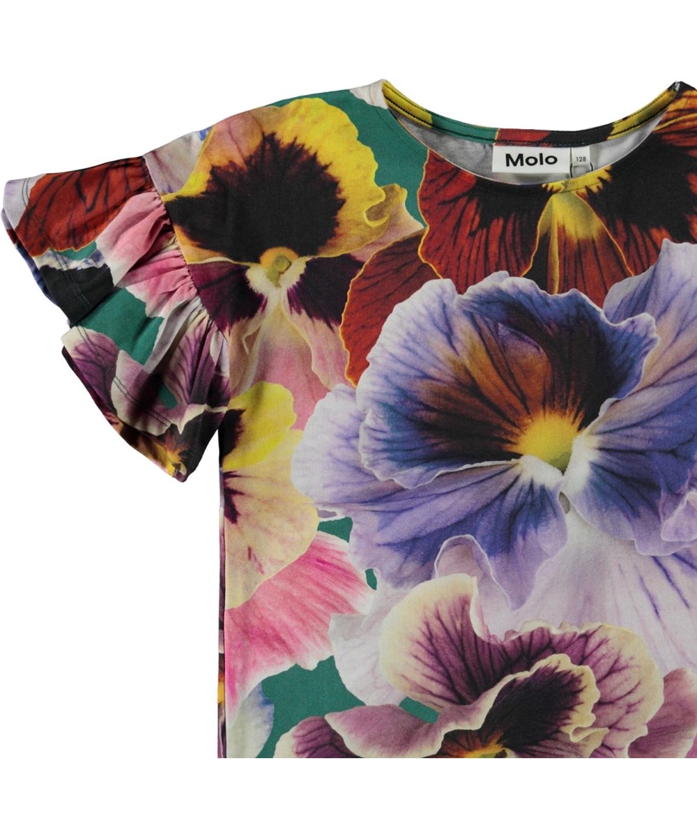 Rayah - Velvet Floral - Økologisk t-shirt med blomster print og flæser