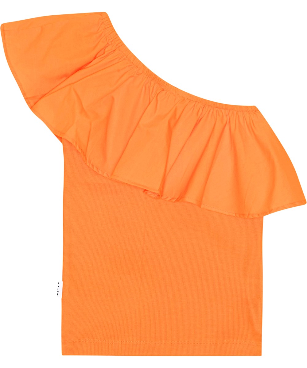 Rebecca - Mango Tango - Orange one-shoulder top i økologisk bomuld med stretch