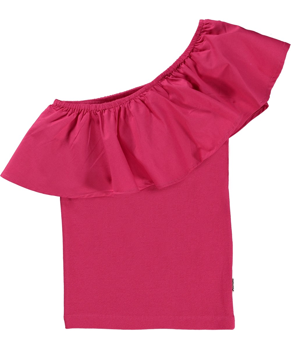 Rebecca - Bright Rose - Mørk pink økologisk top med flæse