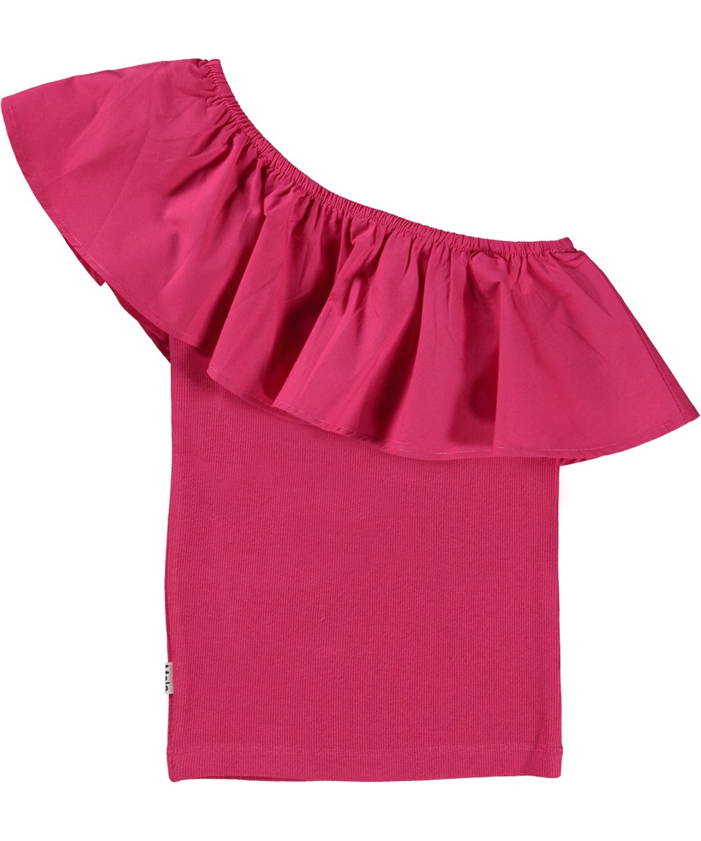 Rebecca - Bright Rose - Mørk pink økologisk top med flæse