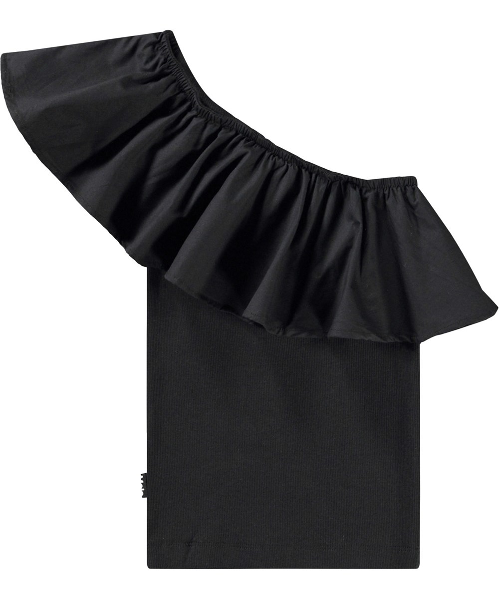 Rebecca - Black - Sort one-shoulder top til børn i økologisk bomuld med stretch.