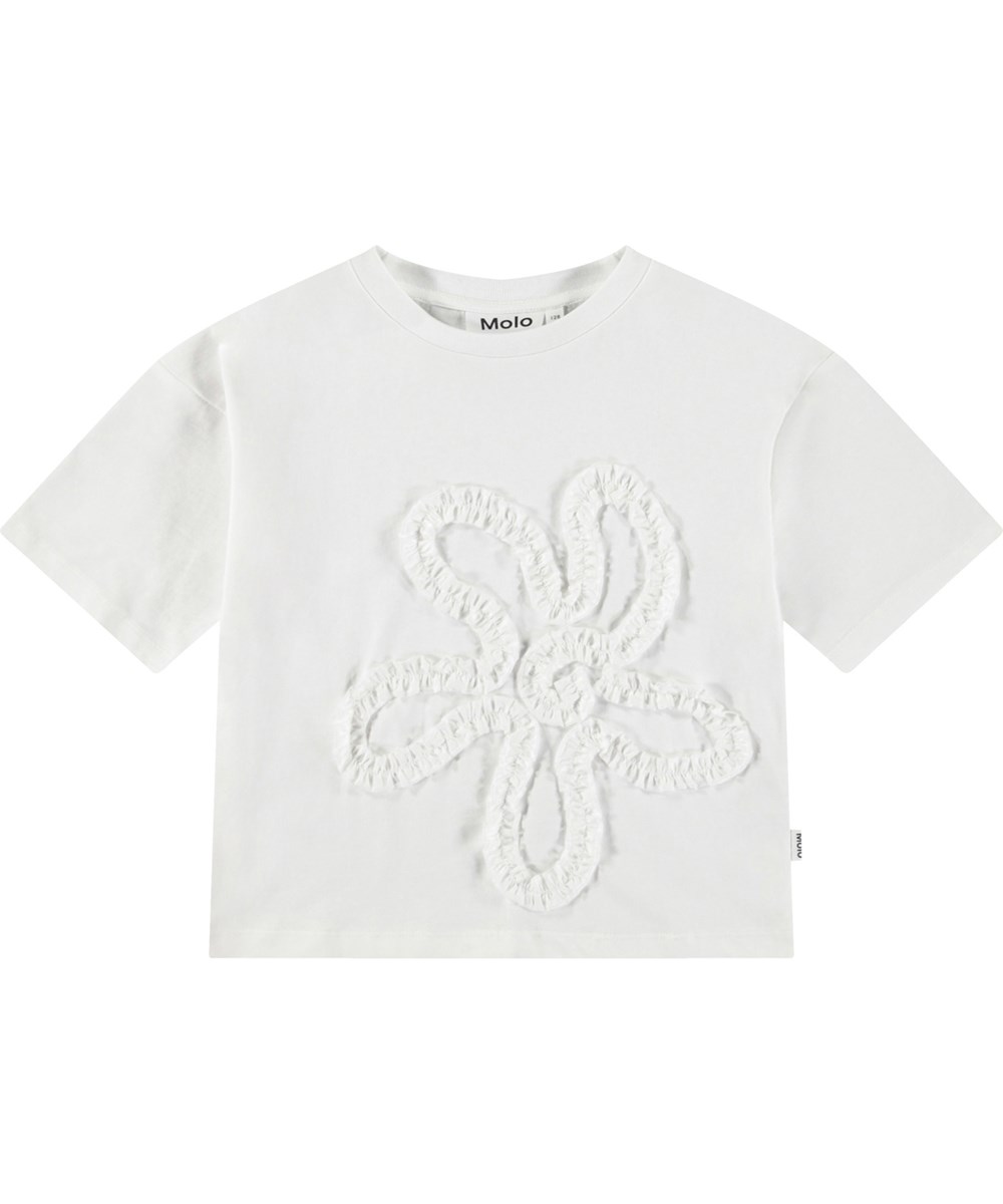 Reinette - Crisp White - Hvid t-shirt med stofbroderi til børn i blødt økologisk bomuld og ribkant i halsen.
