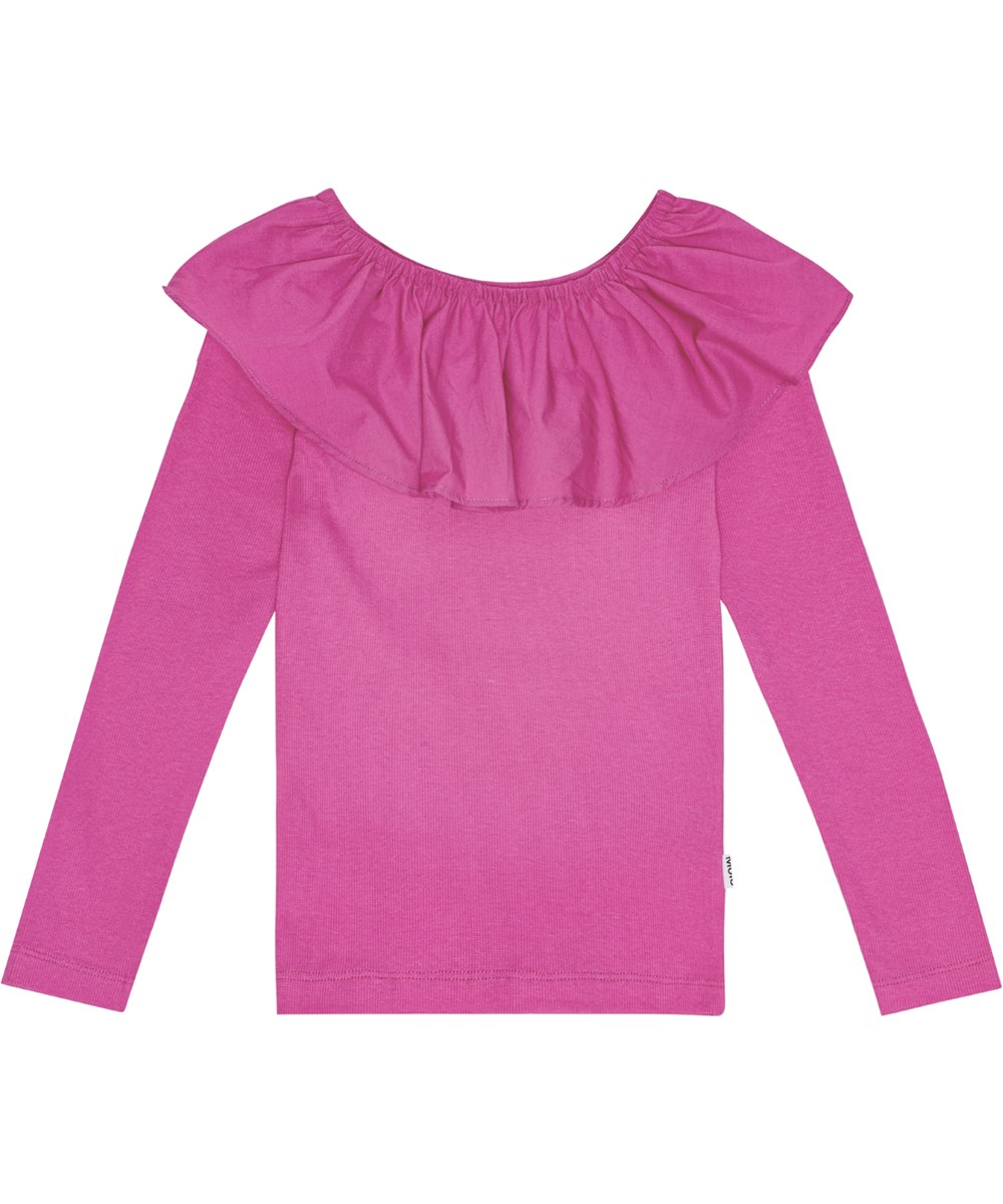 Renate - Baya Pink - Pink langærmet bluse i økologisk bomuldsrib med poplin krave