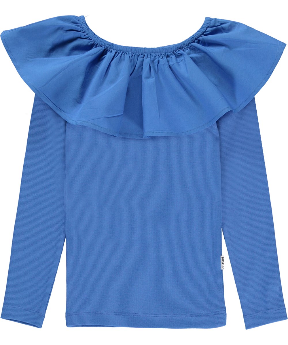 Renate - Stilleben Blue - Økologisk blå bluse med flæsekrave