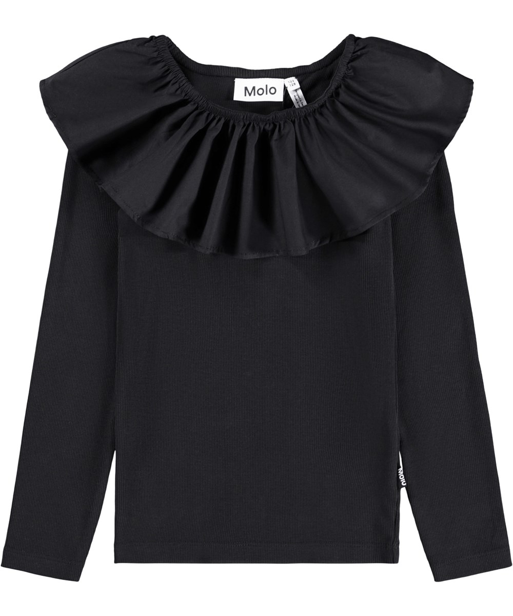 Renate - Black - Sort, tætsiddende langærmet bluse til børn i økologisk bomuldsrib med poplinkrave og elastik, der kan bæres off-shoulder eller løftes op for at fungere som både krave og ærme.