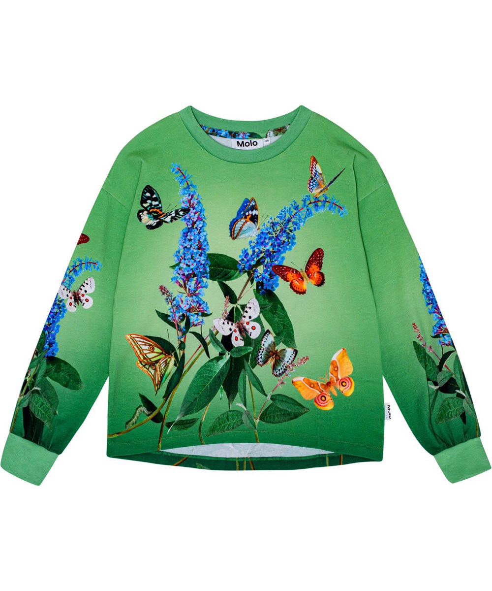 Reniza - Busy Buddleja - Grøn langærmet bluse i økologisk bomuld med et print af farverige sommerfugle.