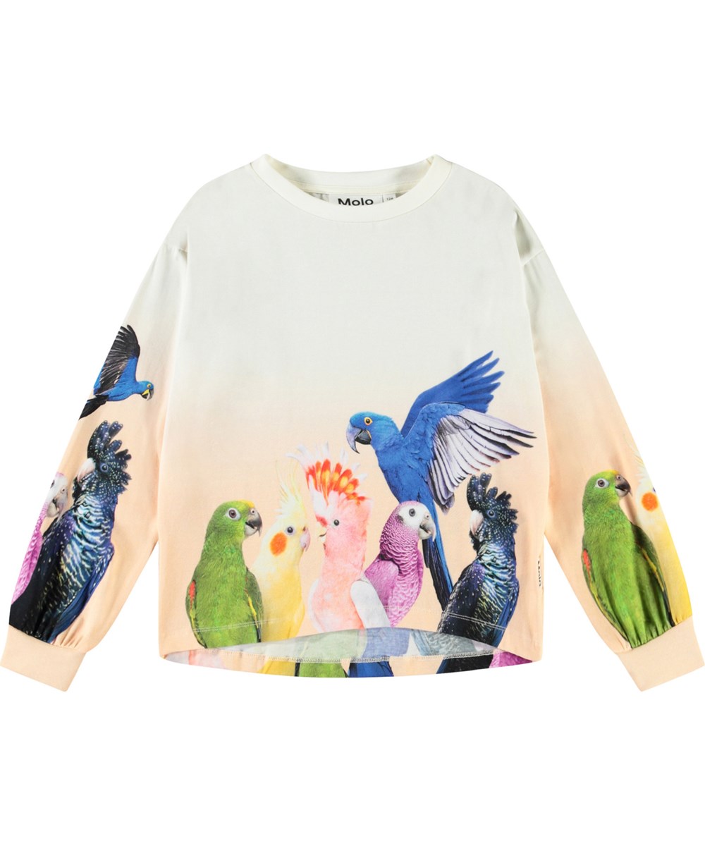 Reniza - Group Of Parrots - Råhvid og lys orange langærmet bluse med print til børn i blødt økologisk bomuld med ribkant i ærmer og hals.