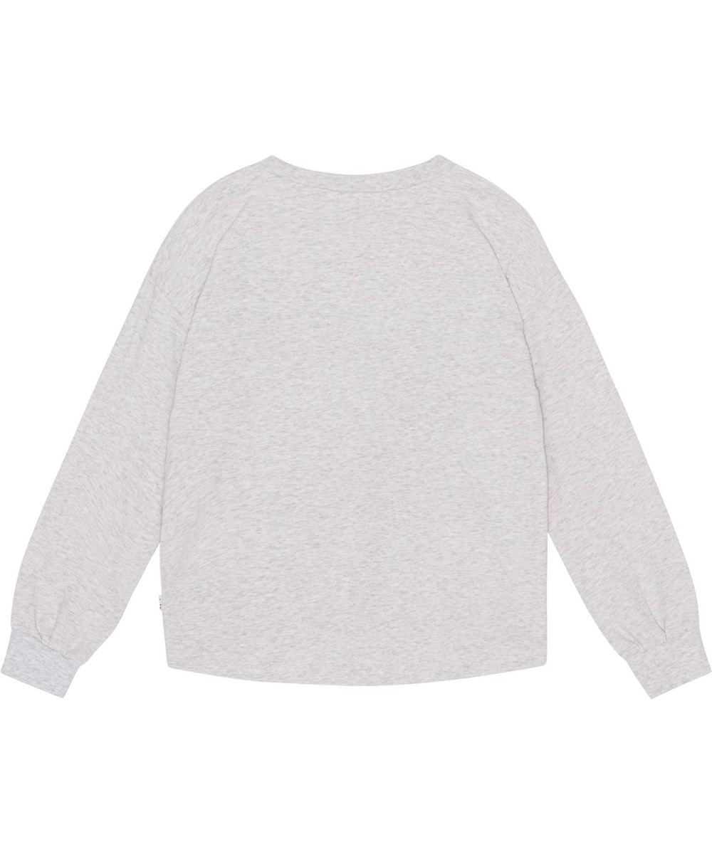 Reniza - Meadow Horses - Lysegrå langærmet bluse i økologisk bomuld med print af smukke marker og galoperende heste.