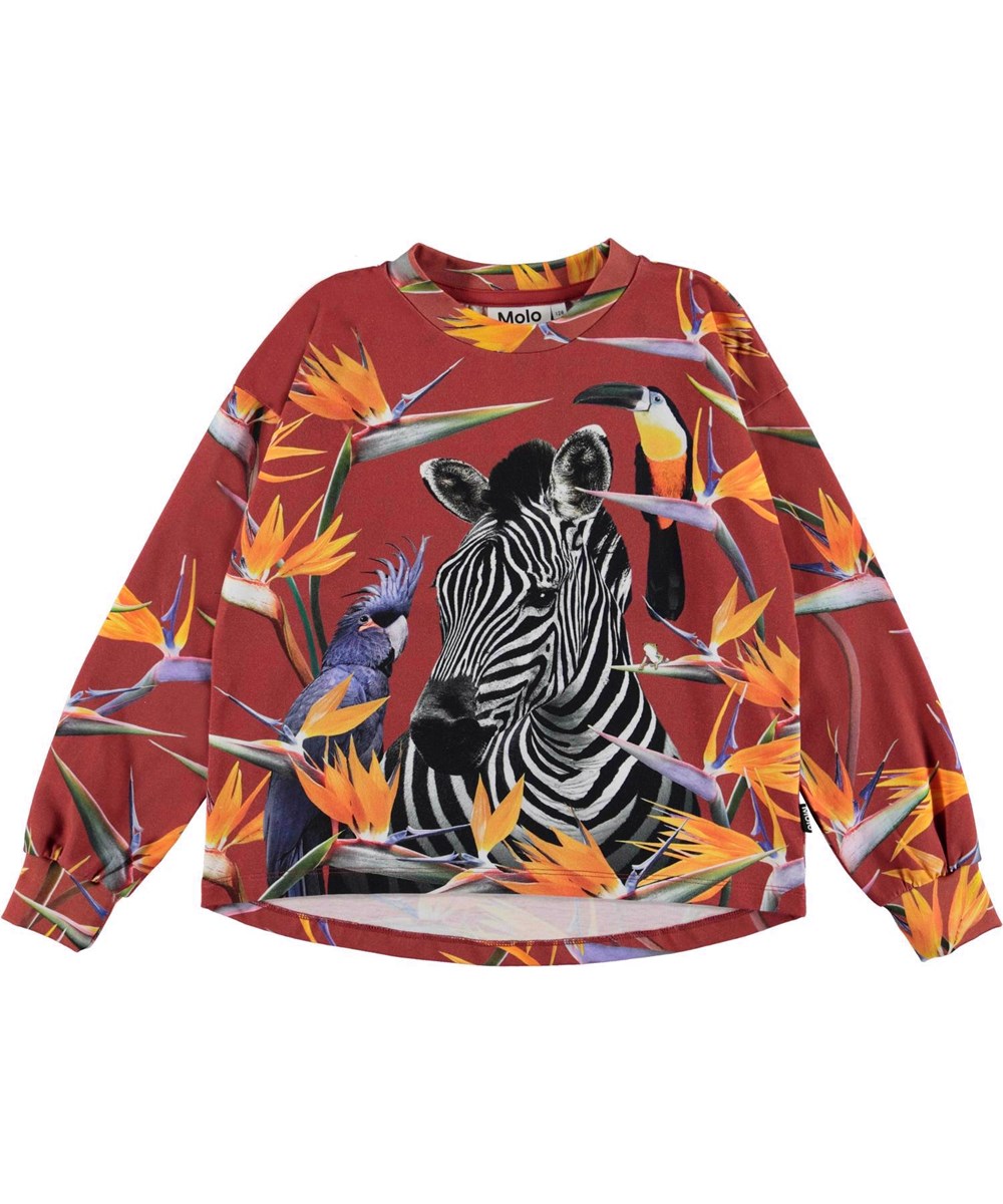 Reniza - Paradise Floral - Økologisk mørkerød bluse med zebra, fugle og blomster.