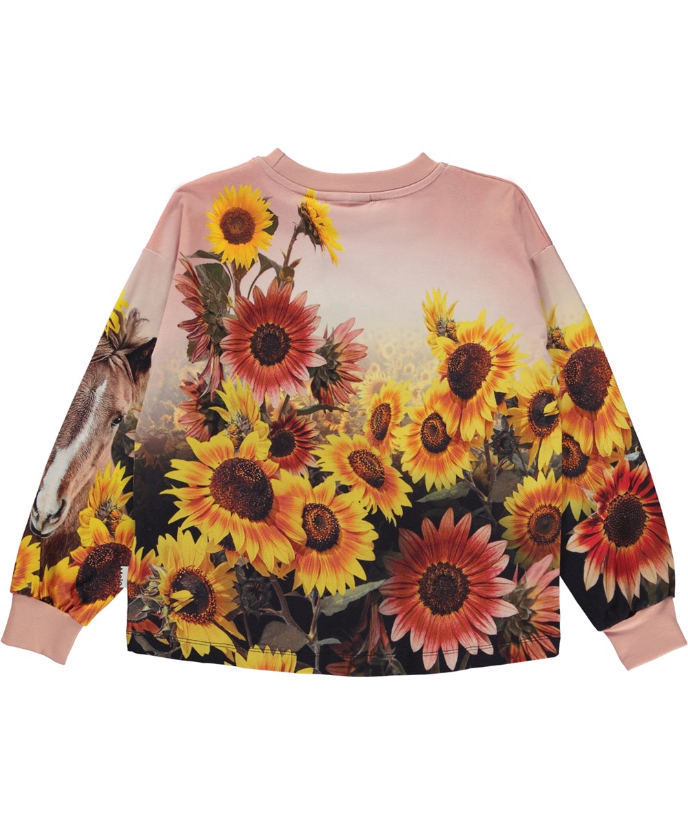 Reniza - Pony Sunflowers - Rosa økologisk bluse med heste og solsikkeprint