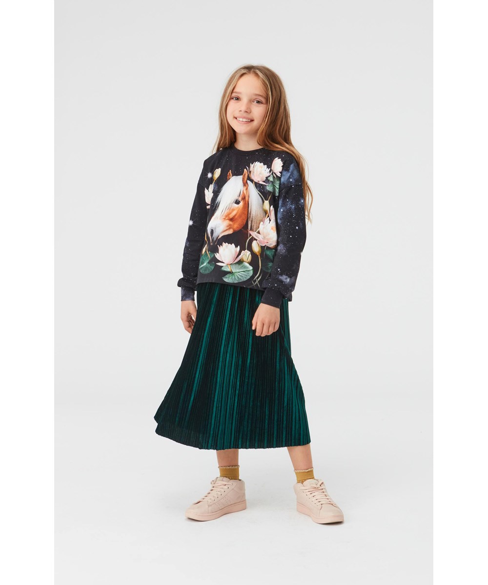 Reniza - Water Lily Horse - Økologisk blå sweatshirt med hest og åkander