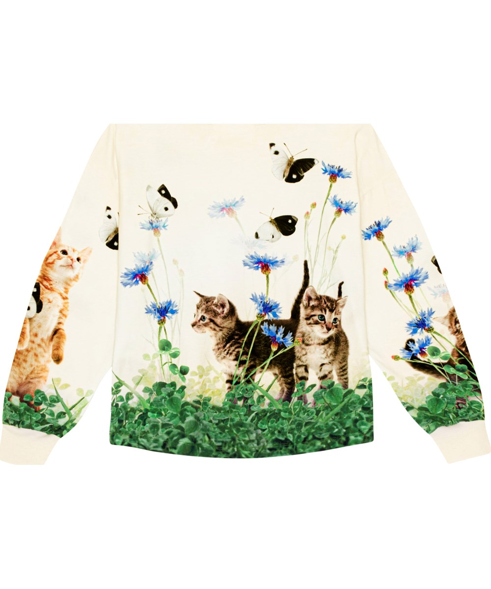 Reniza - Yin Yang Kitten - Hvid bluse i økologisk bomuld med et alloverprint af nysgerrige kattekillinger