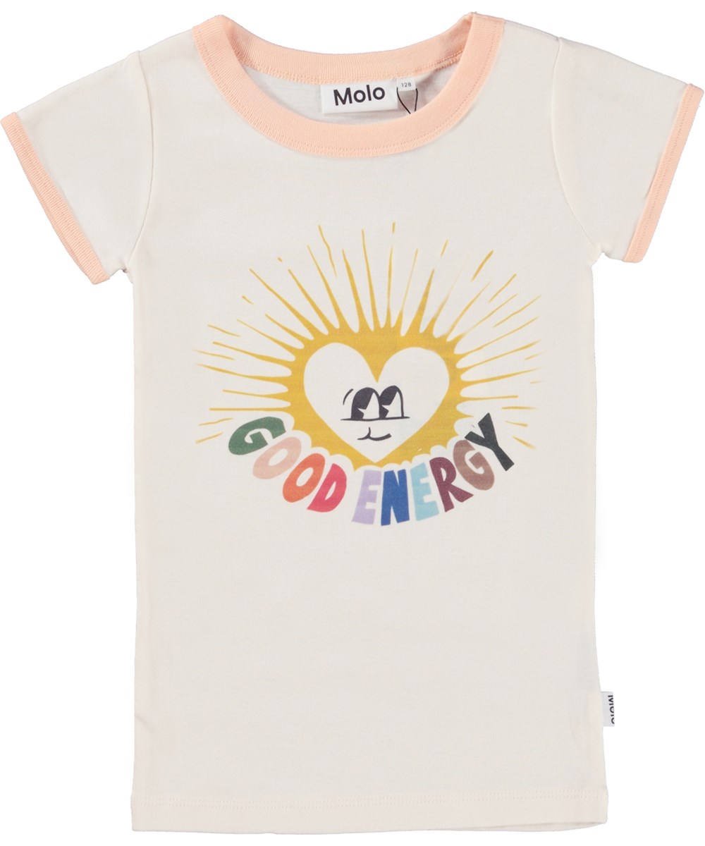 Rhiannon - Energy Heart - Hvid økologisk t-shirt med lyserøde kanter og hjertesolprint