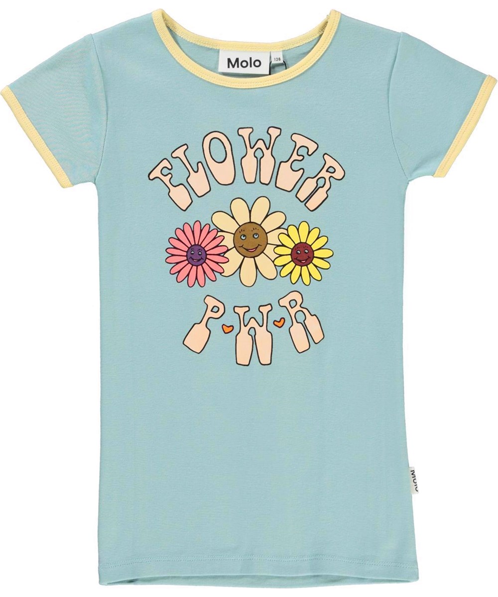 Rhiannon - Flower PWR - Økologisk lyseblå t-shirt med blomster 