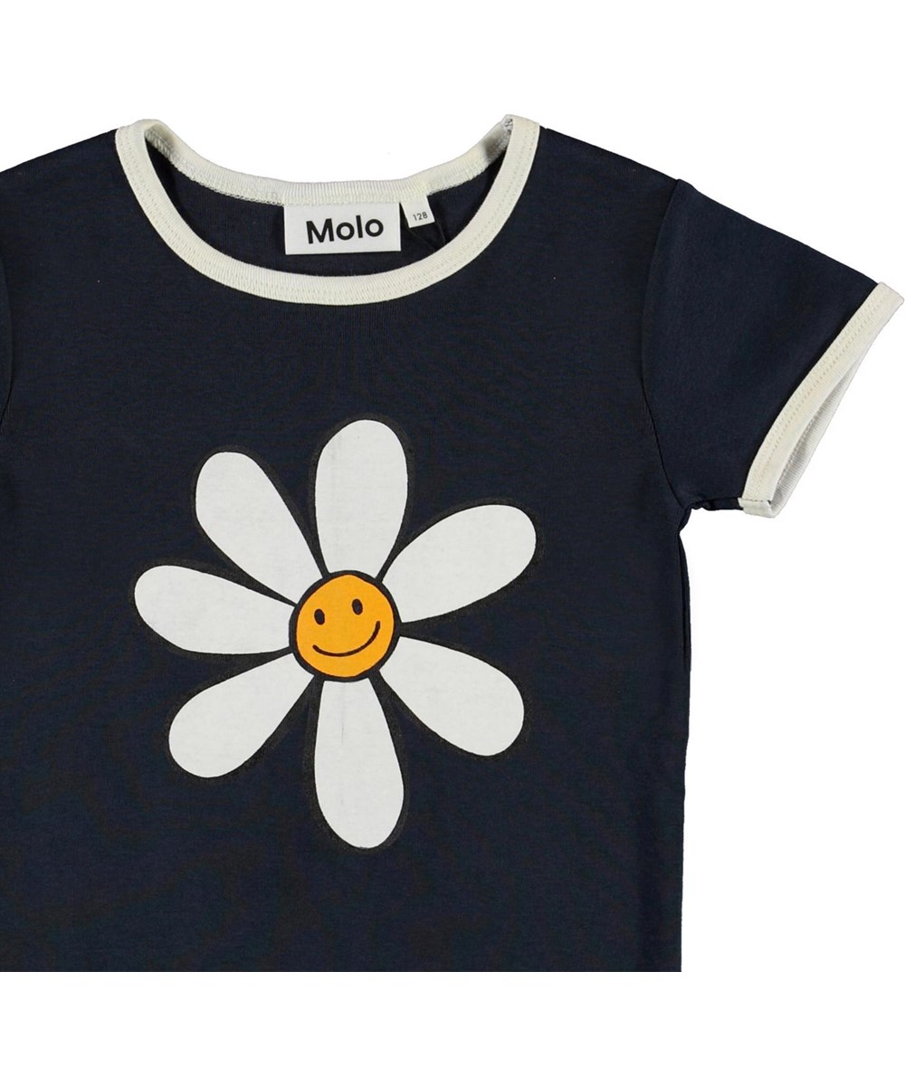 Rhiannon - Happy Daisy - Økologisk blå t-shirt med smiley blomst