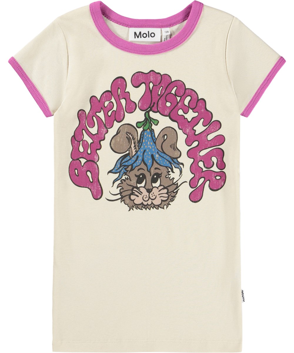 Rhiannon - Summer Sand - Råhvid t-shirt med kanin print i økologisk bomuld til børn