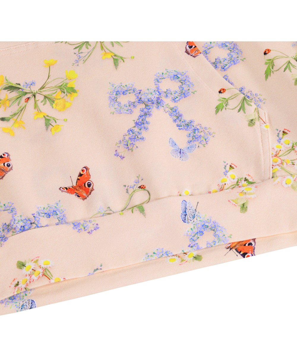 Rhona - Flowerbows - Lyserød hættetrøje med blomster print i økologisk bomuld til børn