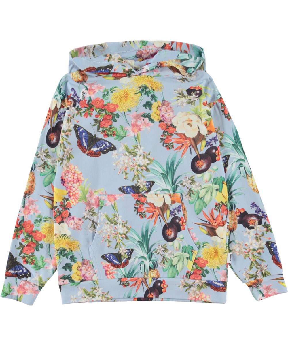 Rhona - Tropical Fruits - Lyseblå hoodie i print med tropiske frugter og blomster