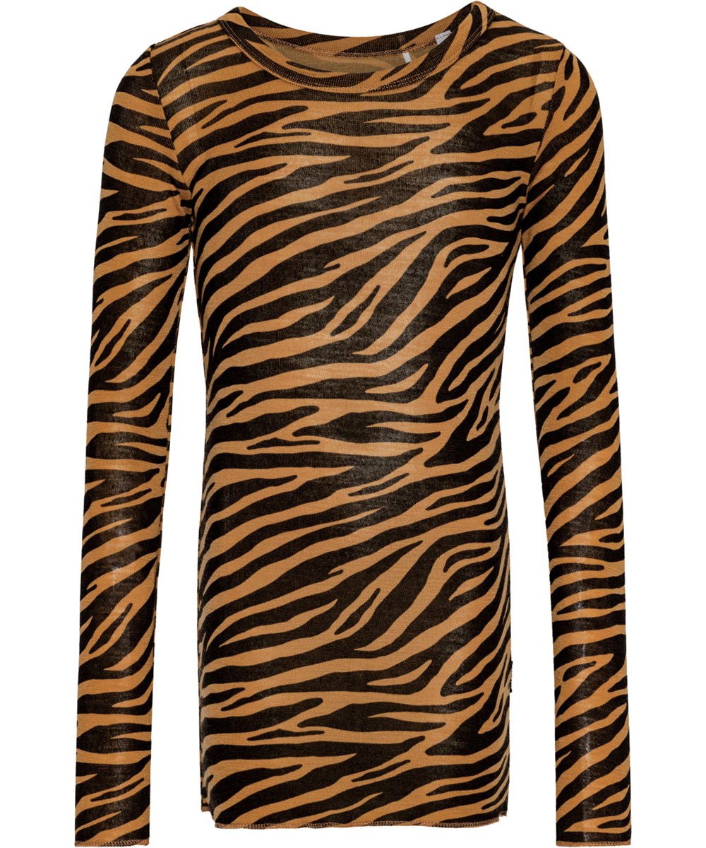Rihanna Wool - Zebra Wool - Zebra stribet gylden brun og sort langærmet bluse i merino uld