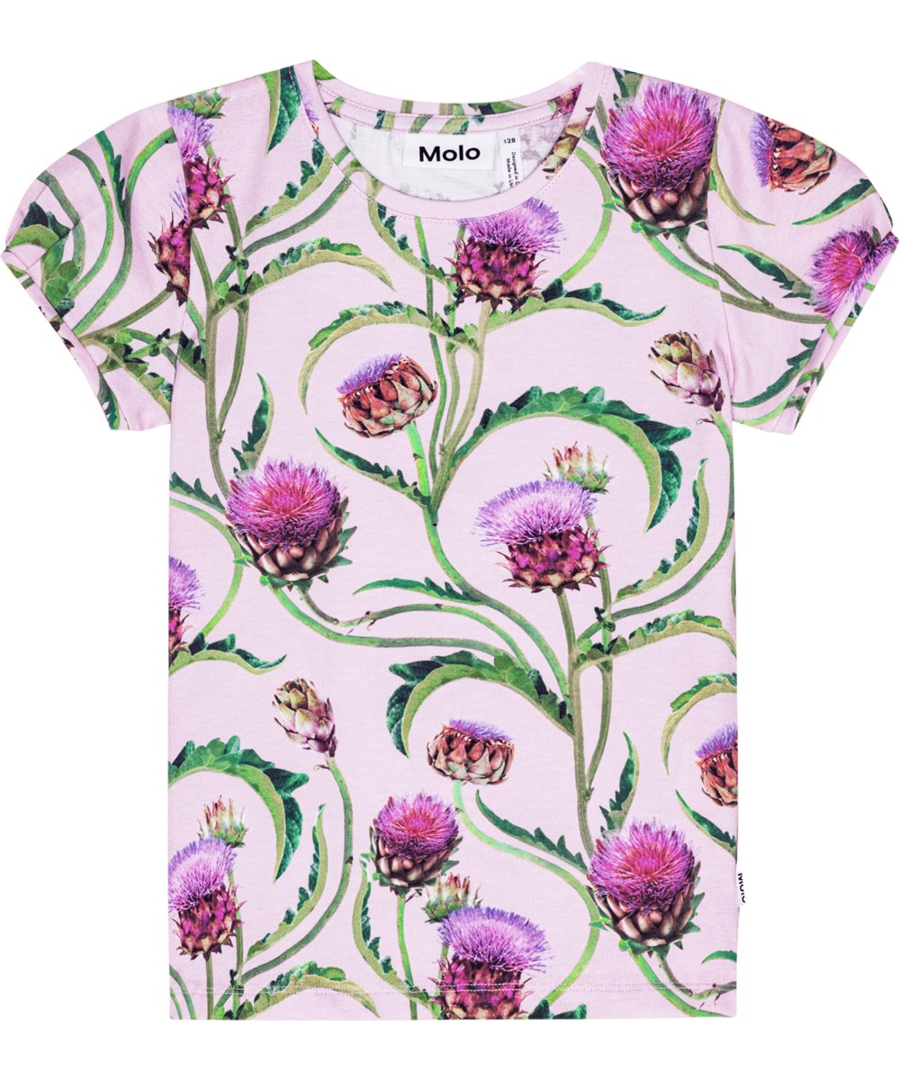 Rimona - Artichoke Glow - Lilla tætsiddende t-shirt i økologisk bomuld med artiskok print