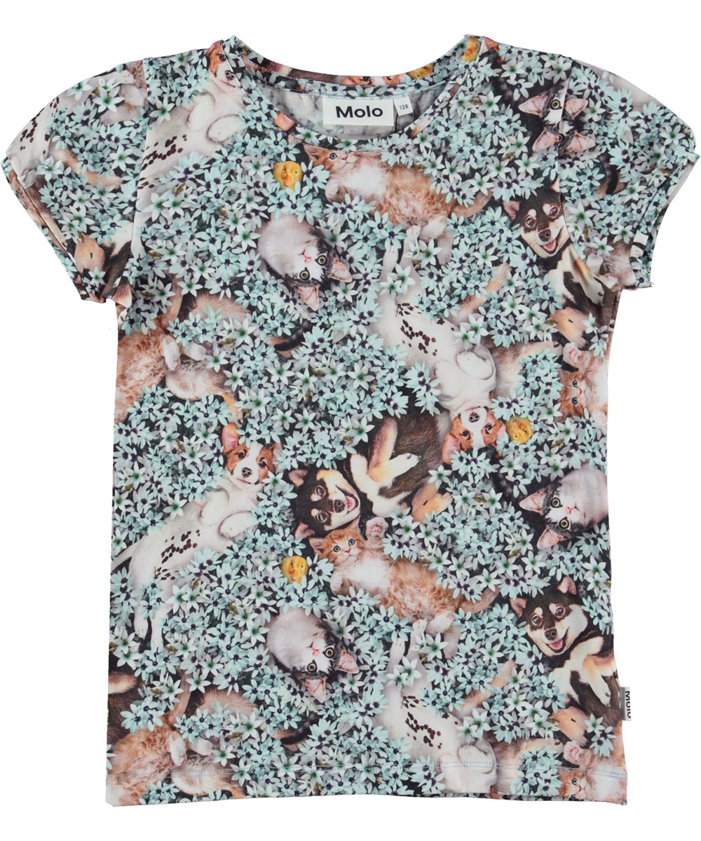 Rimona - Park Life - Cap sleeve top med hundehvalp og kattekillinger i blomstereng print
