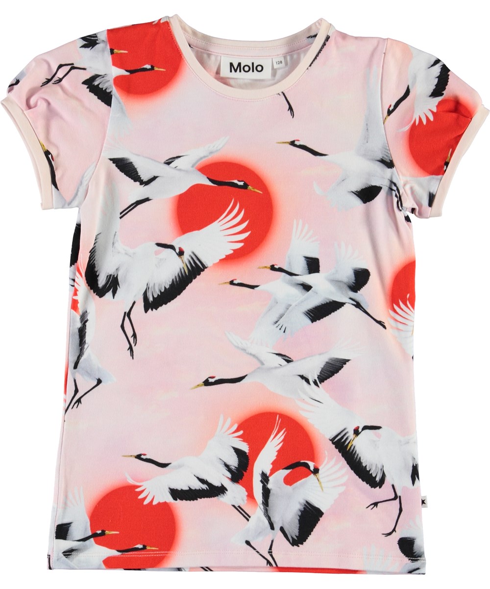 Rimona - Sunrise Cranes - Økologisk lyserød t-shirt med storke