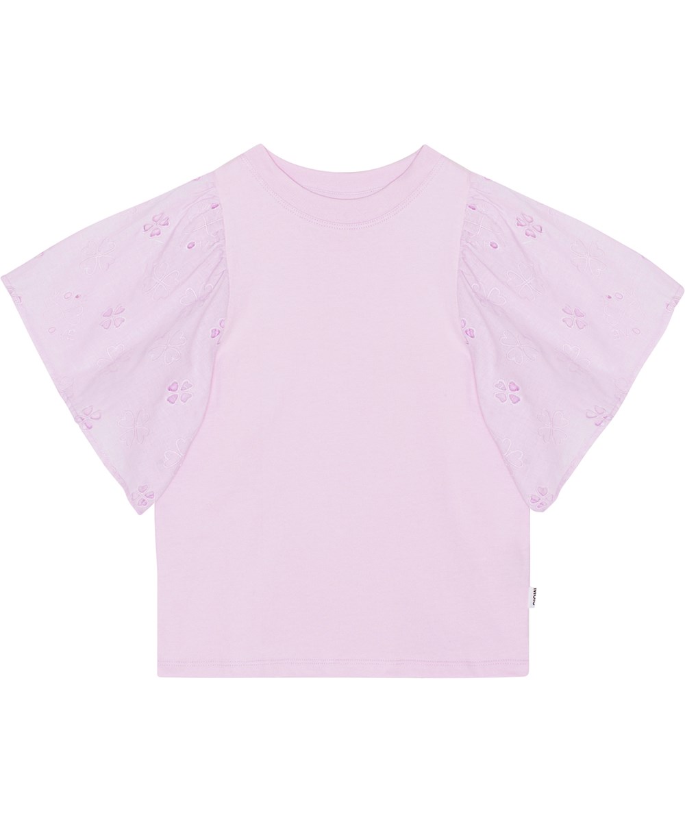 Ritza - Alpine Glow - Pastel lilla top i økologisk bomuld med korte broderie anglaise ærmer