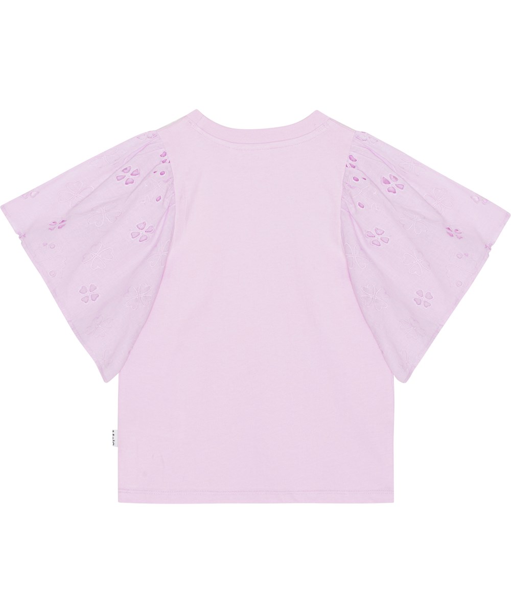 Ritza - Alpine Glow - Pastel lilla top i økologisk bomuld med korte broderie anglaise ærmer