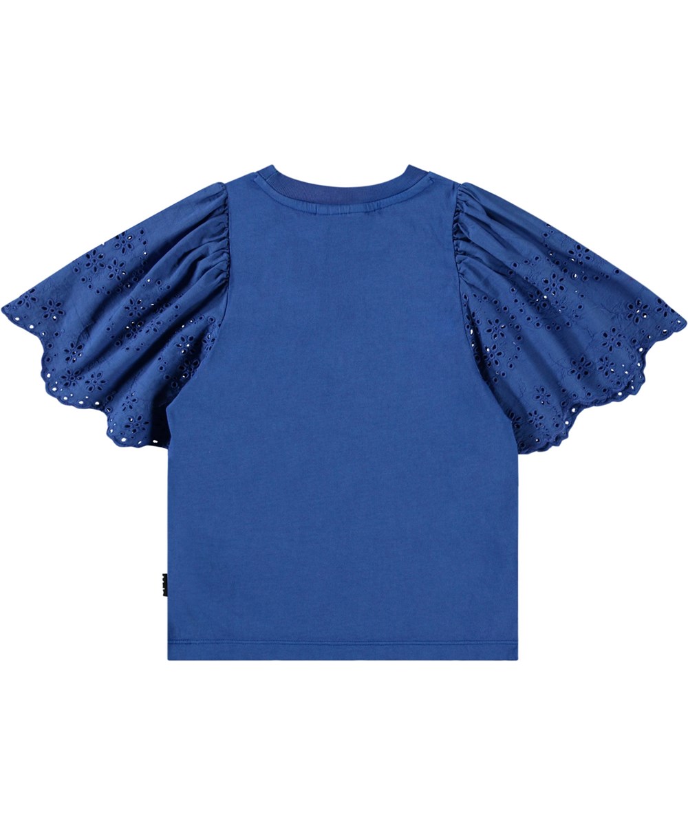 Ritza - Blue Marcaw - Mørkeblå t-shirt til børn i blødt økologisk bomuld med ribkant i hals og sommerfugle ærmer med broderi anglaise.