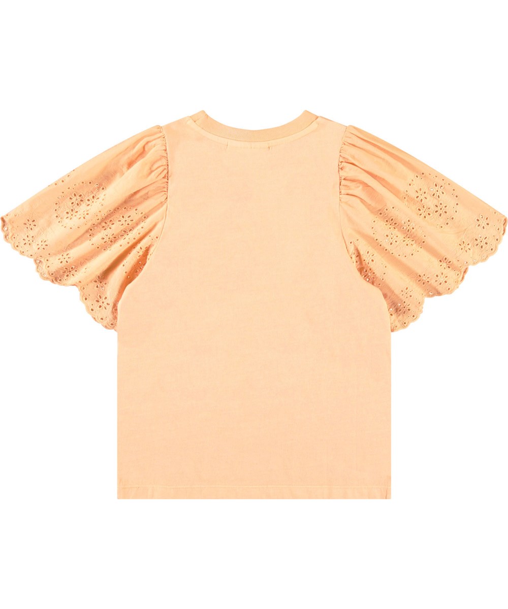 Ritza - Pale Melon - Lys orange t-shirt til børn i blødt økologisk bomuld med ribkant i hals og sommerfugle ærmer med broderi anglaise.