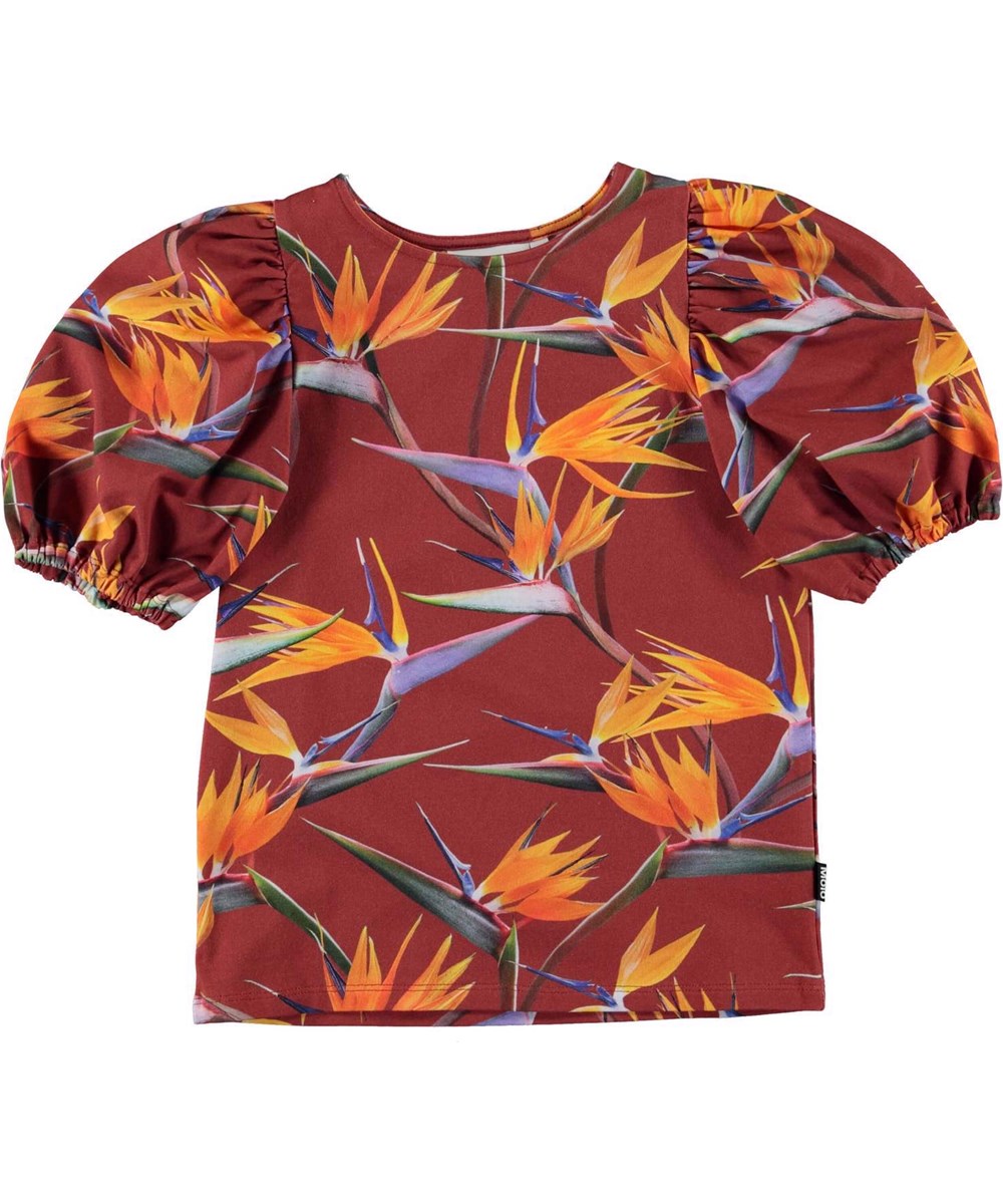 Rivera - Paradise_AOP - Økologisk mørkerød bluse  med pufærmer og orange