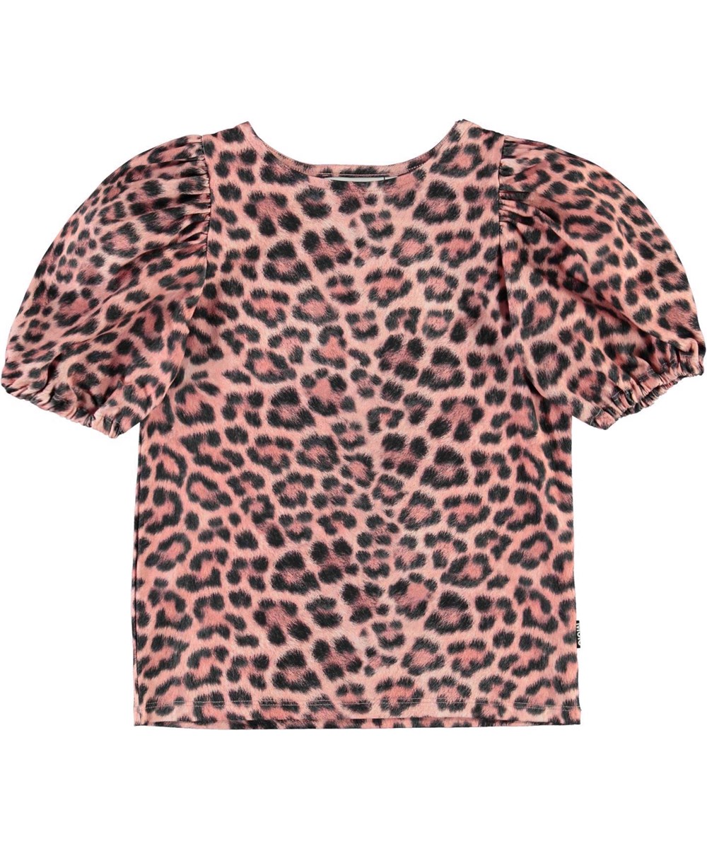 Rivera - Rose Jaguar - Økologisk lyserød leopard bluse med pufærmer
