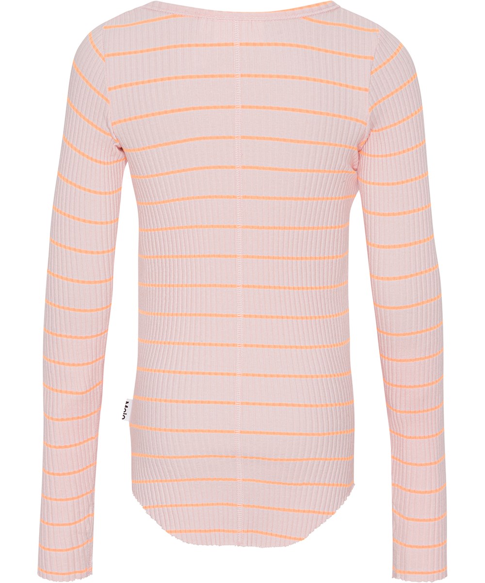 Rochelle - Candy Pop - Lys koral langærmet bluse med orange neon striber. Blusen er i en blød økologisk bomuld, i strækbart ribstrik