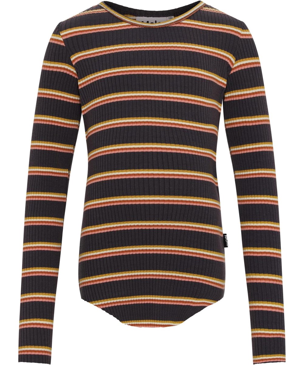 Rochelle - Purple Night Stripe - Økologisk brun rib bluse med striber