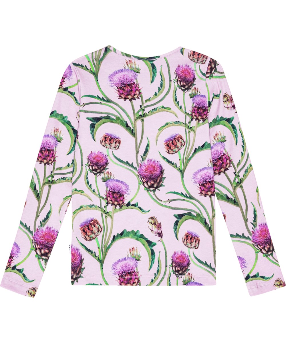 Rose - Artichoke Glow - Lilla langærmet bluse i økologisk bomuld med print af artiskokker