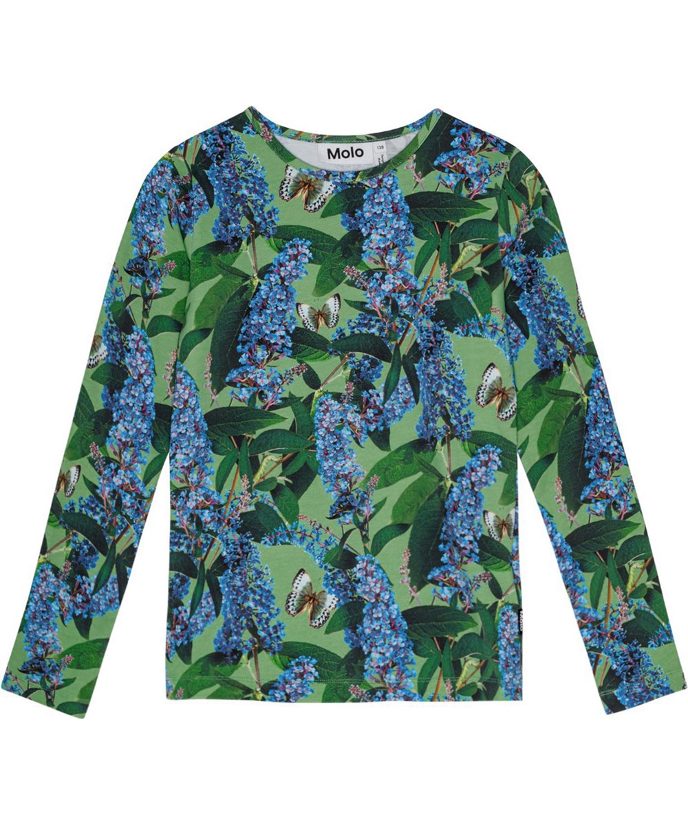 Rose - Buddleja Garden - Tætsiddende langærmet grøn bluse i økologisk bomuld med et print af sommerfugle