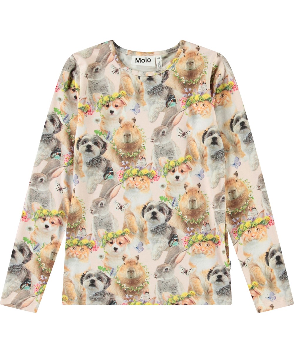 Rose - Festival Friends - Langærmet bluse til børn i økologisk bomuld med rund hals og print af nuttede dyr.