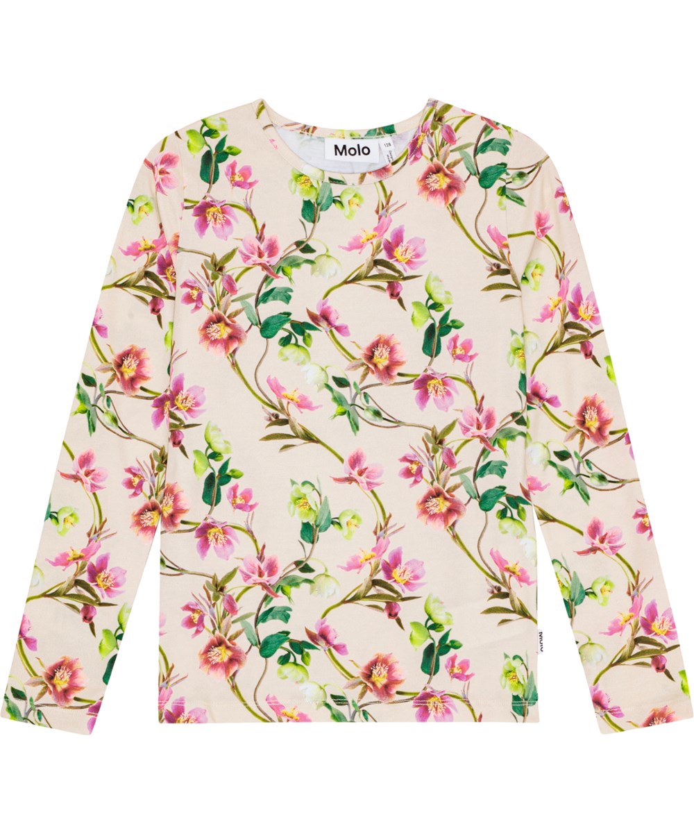 Rose - Hellebore - Tætsiddende langærmet beige bluse i økologisk bomuld med blomsterprint