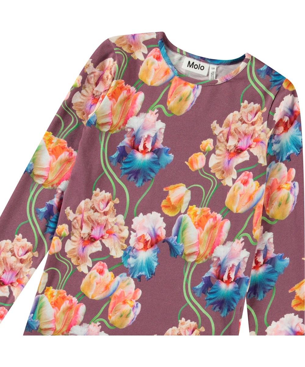 Rose - Rainbow Tulips - Lilla langærmet bluse til børn i økologisk bomuld med rund hals og print af farverige tulipaner.