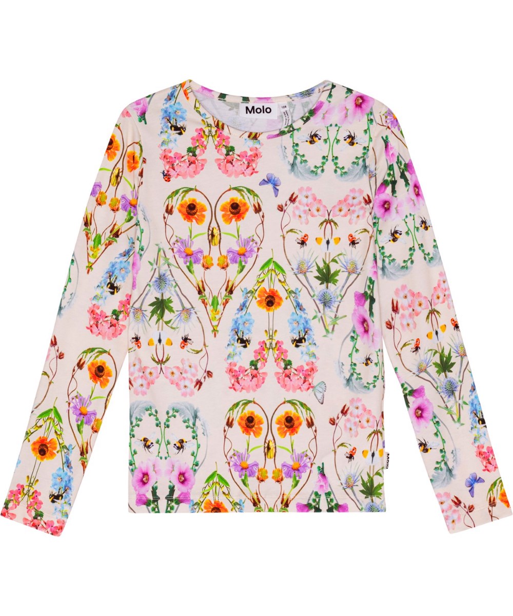 Rose - Seashell Love - Lys langærmet bluse i økologisk bomuld med print af multifarvet blomster